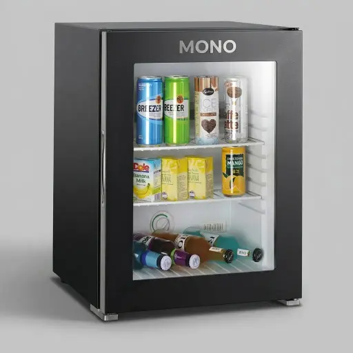 Semi-Conductor Mini Bar 46L with Glass Door — MBF-1053 — A 46L thermoelectric minibar with a glass door and internal LED light for in-room display. Adjustable temperature control holds 9 to 18 degrees, with a magic shelf for varied bottle sizes. Measures 43.5x48x54cm, finished in black.