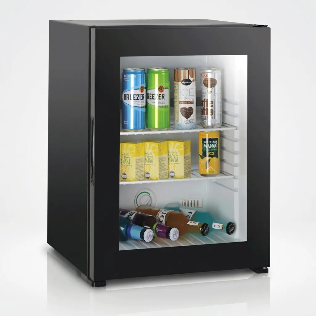 Semi-Conductor Mini Bar 46L with Glass Door — MBF-1053 — A 46L thermoelectric minibar with a glass door and internal LED light for in-room display. Adjustable temperature control holds 9 to 18 degrees, with a magic shelf for varied bottle sizes. Measures 43.5x48x54cm, finished in black. (image 2)