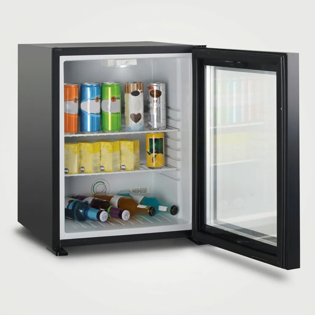 Semi-Conductor Mini Bar 46L with Glass Door — MBF-1053 — A 46L thermoelectric minibar with a glass door and internal LED light for in-room display. Adjustable temperature control holds 9 to 18 degrees, with a magic shelf for varied bottle sizes. Measures 43.5x48x54cm, finished in black. (image 3)