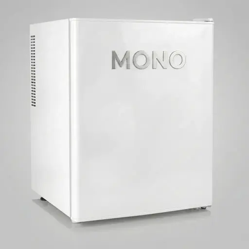 Semi-Conductor Mini Bar 40L with Magic Shelf [1058] — MBF-1058 — A 40L thermoelectric minibar with a solid door and refrigerant-free cooling for quiet 30 to 40dB operation. Adjustable temperature control holds 6.5 to 15 degrees, with a 3mm glass magic shelf and internal LED light. Measures 40x42x53cm, in black or white.