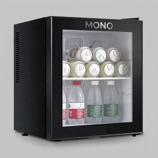 Semi-Conductor Mini Bar 30L with Magic Shelf [1062] — MBF-1062 — A 30L thermoelectric minibar with a glass door and refrigerant-free cooling for attractive, quiet 30 to 40dB display. Adjustable temperature control holds 10 to 15 degrees, with a 3mm glass magic shelf and internal LED light. Measures 40x39.8x48cm, in black or white.