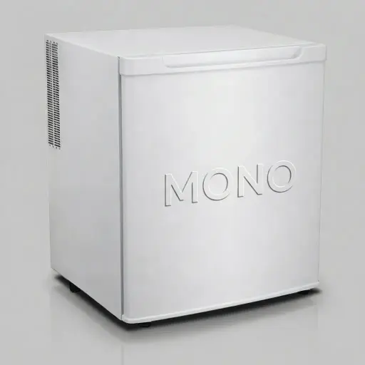 Semi-Conductor Mini Bar 30L with Magic Shelf [1063] — MBF-1063 — A 30L thermoelectric minibar with a solid door and refrigerant-free chip cooling for very low power use. Freon-free and eco-friendly, it holds 6 to 12 degrees with adjustable control, a magic shelf and internal LED light. Measures 42x40x48.5cm, in black or white.