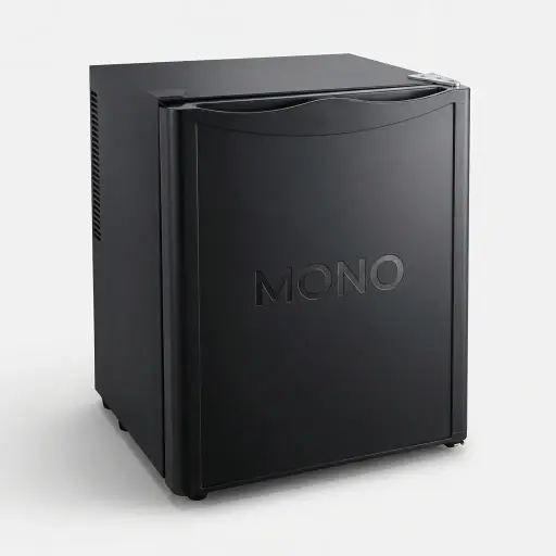 Semi-Conductor Mini Bar 25L with Solid Door — MBF-1066 — A 25L thermoelectric minibar with a solid door and refrigerant-free cooling for silent, eco-friendly operation. Adjustable temperature control holds 6.5 to 15 degrees, with a magic shelf and internal LED light. Measures 38x37x49cm, in black or white.