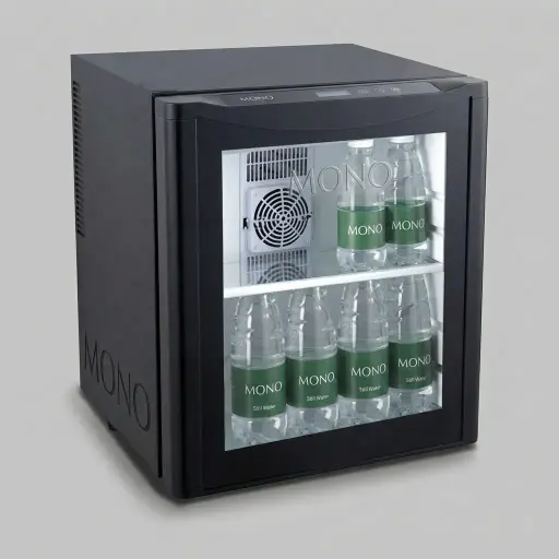 Semi-Conductor Mini Bar 25L with Glass Door — MBF-1067 — A 25L thermoelectric minibar with a glass door and refrigerant-free cooling for attractive in-room display. Adjustable temperature control holds 10 to 18 degrees, with a magic shelf and internal LED light. Measures 38x37x49cm, in black or white.