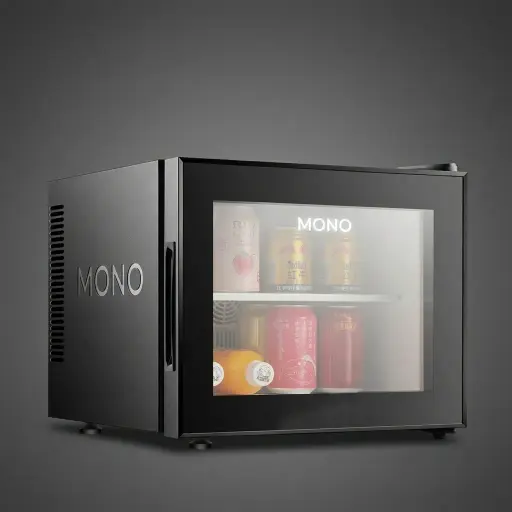 Semi-Conductor Mini Bar 20L with Glass Door — MBF-1070 — A compact 20L thermoelectric minibar with a glass door and refrigerant-free cooling at a quiet 30 to 40dB for tidy display. Adjustable temperature control holds 10 to 15 degrees, with a 3mm glass magic shelf and internal LED light. Measures 40x42.2x35.2cm, in black or white.
