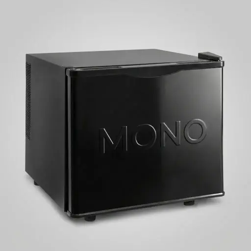 Semi-Conductor Mini Bar 17L with Magic Shelf [1072] — MBF-1072 — A space-saving 17L thermoelectric minibar with a solid door and refrigerant-free cooling for silent operation. Adjustable temperature control holds 6 to 12 degrees, with a magic shelf and internal LED light. Measures 38.5x34.1x41.5cm, in black or white.
