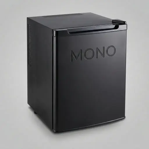Thermo Absorption Mini Bar 40L with Magic Shelf [1075] — MBF-1075 — A 40L thermoelectric minibar with a solid, reversible door and refrigerant-free Peltier heat-pipe cooling for silent, 0dB operation. Eco-friendly with no CFC, it holds 5 to 15 degrees with magic glass shelves and internal LED light. Measures 42x42x57cm, finished in black.