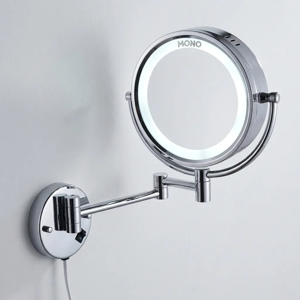 Wall Mounted Magnifying Mirror With LED Light 8.5" [1025] — MGM-1025 — A wall-mounted dual-sided vanity mirror with a built-in LED light, combining a normal mirror with a 3x magnifying side. The 8.5-inch chrome-finished copper frame adds a refined touch, with a long-life 60,000-hour LED. Dual-voltage 110/220V, finished in silver. (image 1)