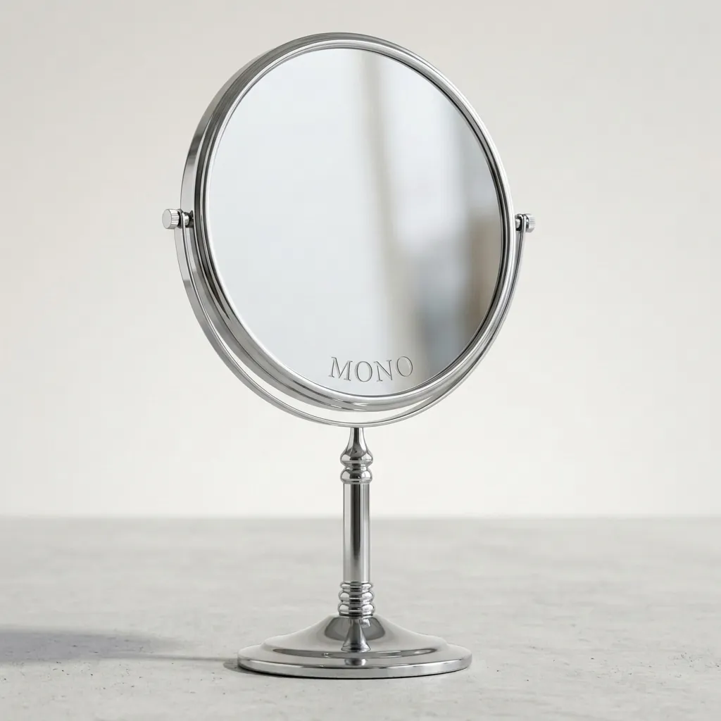 Desktop Magnifying Mirror 8" [1028] — MGM-1028 — A freestanding dual-sided desktop vanity mirror with a normal side and a 3x magnifying side. The 8-inch mirror sits neatly on the vanity for close-up grooming. A practical, no-fuss fixture in silver. (image 1)