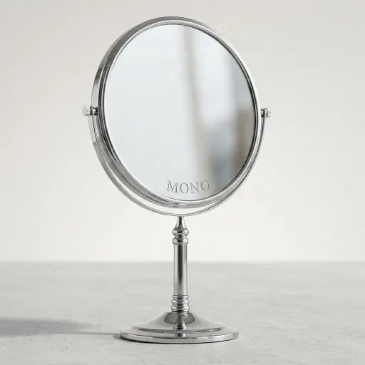 Desktop Magnifying Mirror 8" [1028] — MGM-1028 — A freestanding dual-sided desktop vanity mirror with a normal side and a 3x magnifying side. The 8-inch mirror sits neatly on the vanity for close-up grooming. A practical, no-fuss fixture in silver.