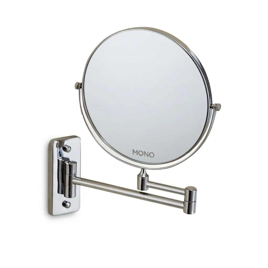 Wall Mounted Magnifying Mirror 8" — MGM-1030 — A wall-mounted dual-sided vanity mirror with a normal side and a 3x magnifying side, without lighting. The 8-inch mirror mounts on a slim base for everyday grooming. A simple, durable bathroom fixture. (image 1)