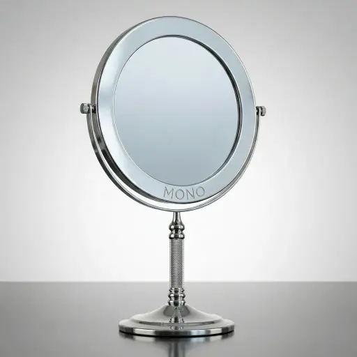 Desktop Magnifying Mirror 6" [1031] — MGM-1031 — A compact freestanding desktop vanity mirror with a normal side and a 3x magnifying side. The 6-inch mirror suits smaller vanities and travel use. A practical, no-fuss fixture in silver.