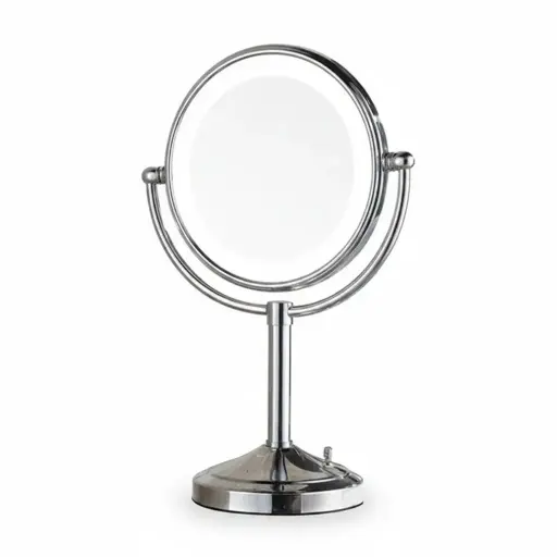 Desktop Magnifying Mirror With Led Light 8" — MGM-1032 — A freestanding desktop vanity mirror with a built-in LED light and single-sided 3x magnification for clear, close-up grooming. The 8-inch copper-framed mirror uses a long-life 60,000-hour LED. Dual-voltage 110/220V.