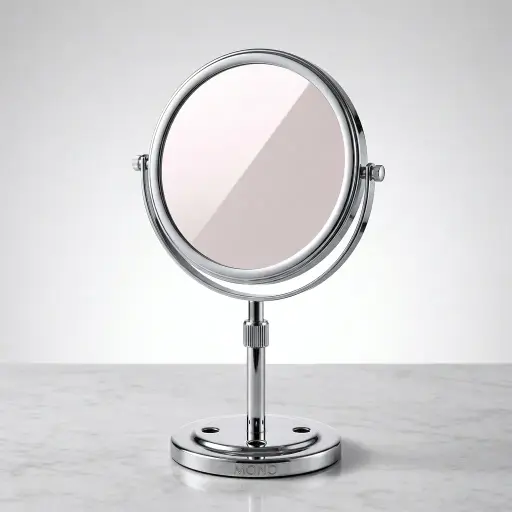 Desktop Magnifying Mirror With Adjustable Height 6" — MGM-1033 — A freestanding 6-inch desktop vanity mirror with height adjustable from 36 to 43cm and a dual-sided design with one 3x magnifying side. The flexible stand suits varied grooming needs. A practical, adaptable fixture for the vanity.