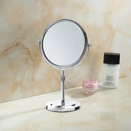 Desktop Magnifying Mirror With Adjustable Height 8" — MGM-1034 — A freestanding 8-inch desktop vanity mirror with height adjustable from 36 to 43cm and a dual-sided design with one 3x magnifying side. The flexible stand adapts to any user. A practical, adjustable vanity fixture.
