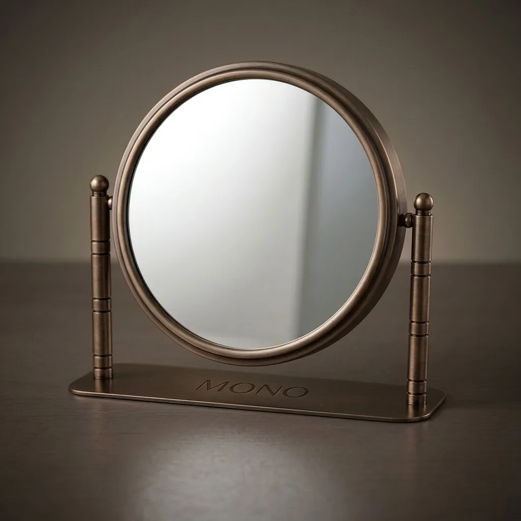 Stainless Steel Desktop Magnifying Mirror 8" — MGM-1035 — A freestanding desktop vanity mirror in stainless steel and copper with a dual-sided design and a high-power 10x magnifying side. The 8-inch mirror is ideal for detailed grooming and make-up. A durable, premium vanity fixture. (image 1)