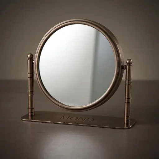 Stainless Steel Desktop Magnifying Mirror 8" — MGM-1035 — A freestanding desktop vanity mirror in stainless steel and copper with a dual-sided design and a high-power 10x magnifying side. The 8-inch mirror is ideal for detailed grooming and make-up. A durable, premium vanity fixture.