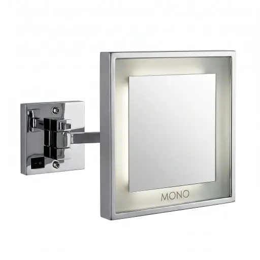 Wall-Mounted Magnifying Mirror with LED Light [1051] — MGM-1051 — A wall-mounted single-sided 3x magnifying mirror with a built-in LED light on an extending arm for adjustable reach. The 20cm square copper-framed mirror uses a long-life 60,000-hour LED. Dual-voltage 110/220V.