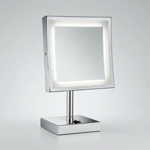 Desktop Magnifying Mirror With Led Light — MGM-1052 — A freestanding desktop vanity mirror with a built-in LED light and single-sided 3x magnification for clear, close-up grooming. The 21.5cm square copper-framed mirror stands 35cm tall with a long-life 60,000-hour LED. Dual-voltage 110/220V.