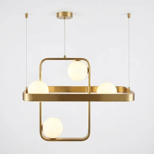 Rectangular Frame Pendant Lamp with Glass Globes in Brass — PND-1029