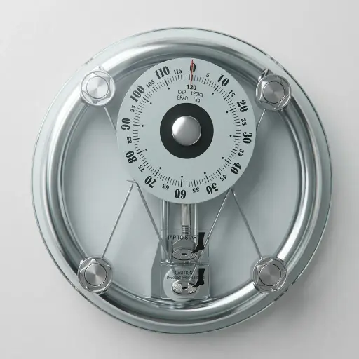 Hotel Mechanical Bathroom Scale Tempered Glass — SCL-1024 — A mechanical bathroom scale with an 8mm tempered glass platform and a high-precision strain-gauge sensor for reliable readings. No batteries are needed, with a round design and a 120kg capacity. Measures 35.5x35.5cm and comes gift-boxed.