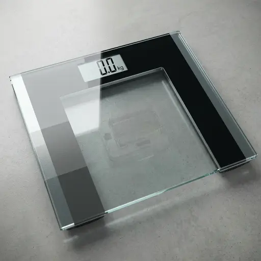 Tempered Glass Digital Bathroom Scale with 180kg Capacity [1025] — SCL-1025 — A digital bathroom scale with a tempered glass platform and high-precision strain-gauge sensors, weighing up to 180kg in 100g steps. An LCD display, automatic zero-reset, and low-battery and overload indicators keep it accurate and easy to use. Powered by a single lithium cell, measuring 30x30cm.