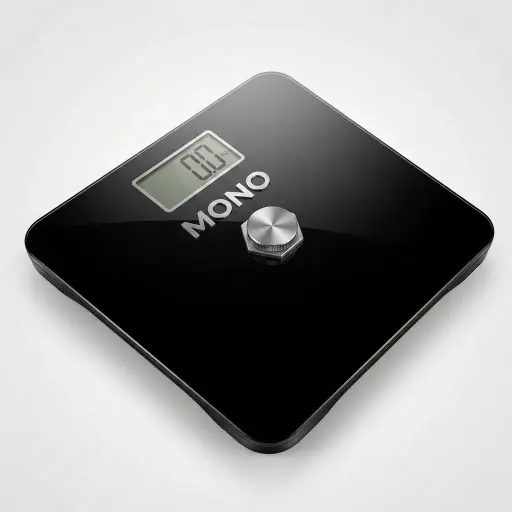 Hotel Bathroom Scale Battery Free — SCL-1026 — A battery-free digital bathroom scale powered by stepping on, with 4-sensor technology for precise weighing up to 180kg in 100g steps. A large LCD shows readings in kg or lb, with low-power and overload alerts. An eco-friendly, fuss-free scale measuring 28x28x3cm.