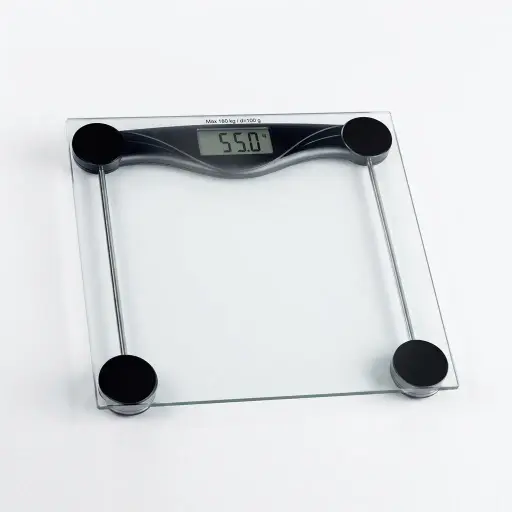 Tempered Glass Digital Bathroom Scale with 180kg Capacity [1030] — SCL-1030 — A digital bathroom scale with a tempered glass platform and high-precision strain-gauge sensors, weighing up to 180kg in 100g steps. An LCD display, automatic zero-reset and low-battery and overload indicators keep it easy to use. Measures 28x28x2.3cm.