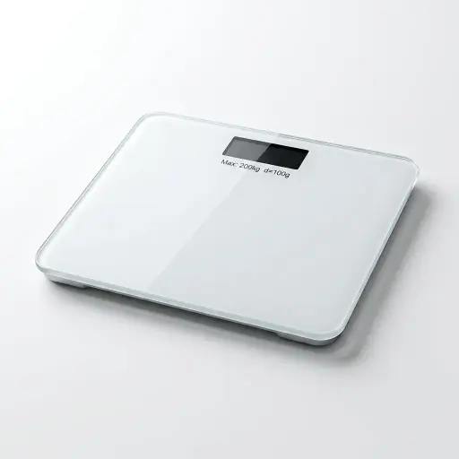 Tempered Glass Digital Bathroom Scale with 200kg Capacity — SCL-1031 — A digital bathroom scale with a tempered glass platform and high-precision strain-gauge sensors, weighing up to 200kg in 100g steps. Readings show in kg, lb or stone on an LCD display, with automatic zero-reset and low-battery and overload alerts. Powered by 2 AAA batteries, measuring 30.5x24.5x2.5cm.