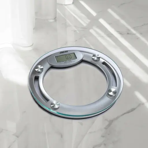 Tempered Glass Digital Bathroom Scale with 180kg Capacity [1033] — SCL-1033 — A digital bathroom scale with a 6mm tempered glass platform and high-precision strain-gauge sensors, weighing up to 180kg in 100g steps. A backlit LCD, automatic zero-reset and auto switch-off keep it easy to use, with low-battery and overload alerts. Powered by 2 AAA batteries, with a 33cm platform.