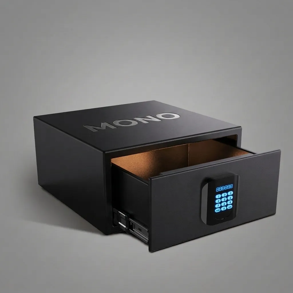 Heavy-Gauge Front-Opening Drawer-Type Safe with 18mm Steel Bolt — SFB-1027 — A front-opening drawer-style hotel safe in arc-welded heavy-gauge steel with an 18mm solid steel bolt for maximum security. A backlit LED keypad takes a 3 to 6 digit guest code with master-code and key override, plus a 5-minute lockout after repeated wrong attempts. Includes an audit trail, interior LED strip and pre-drilled mounting holes, powered by 4 AA batteries. (image 1)