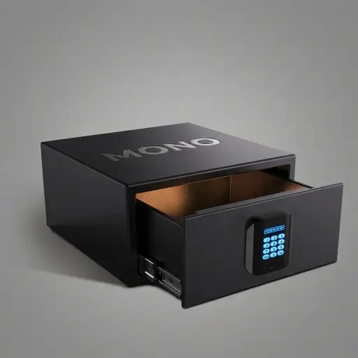 Heavy-Gauge Front-Opening Drawer-Type Safe with 18mm Steel Bolt — SFB-1027 — A front-opening drawer-style hotel safe in arc-welded heavy-gauge steel with an 18mm solid steel bolt for maximum security. A backlit LED keypad takes a 3 to 6 digit guest code with master-code and key override, plus a 5-minute lockout after repeated wrong attempts. Includes an audit trail, interior LED strip and pre-drilled mounting holes, powered by 4 AA batteries.