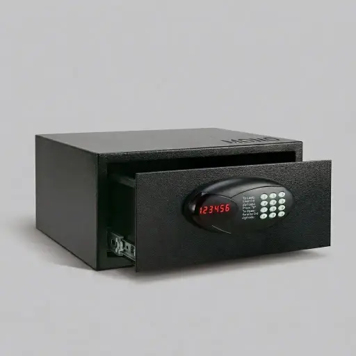 Heavy-Gauge Front-Opening Drawer-Type Safe with Orange-Peel Finish [1028] — SFB-1028 — A front-opening drawer-style hotel safe in arc-welded heavy-gauge steel with an orange-peel finish and an 18mm solid steel bolt. A backlit LED keypad takes a 3 to 6 digit guest code with master-code and key override, plus a 5-minute lockout after four wrong tries. Includes a 100-record audit trail, interior LED strip and pre-drilled mounting holes, powered by 4 AA batteries.