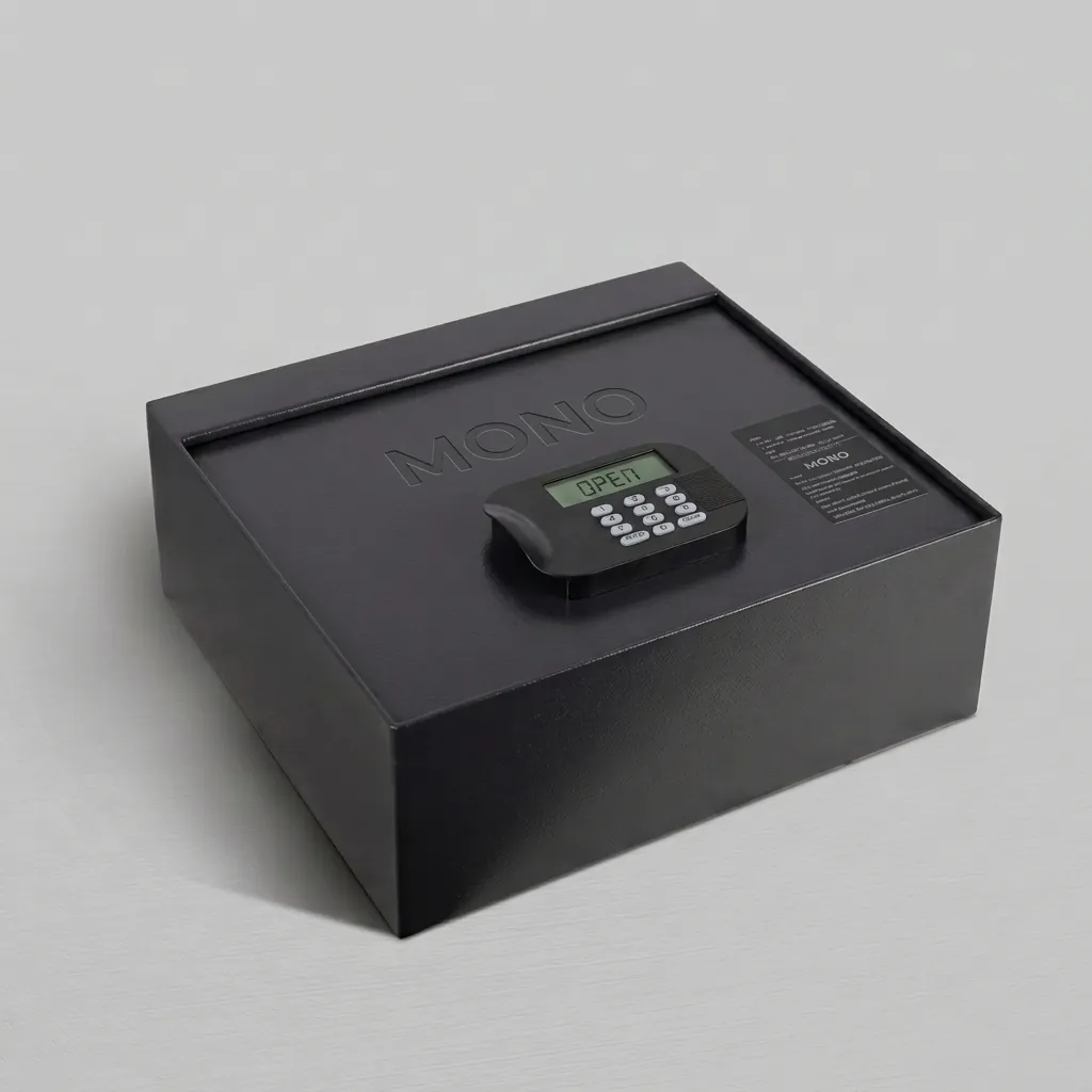 Heavy-Gauge Top-Opening Safe with Pneumatic Lid [1031] — SFB-1031 — A top-opening hotel safe in arc-welded heavy-gauge steel with a 1.5mm body, reinforced 4mm door and an 18mm solid steel bolt. A backlit LED keypad takes a 4 to 6 digit guest code with master-code and key override, plus a 5-minute lockout after three wrong tries. The pneumatic lid and pre-drilled mounting holes ease daily use, powered by 4 AA batteries, in black or orange. (image 1)