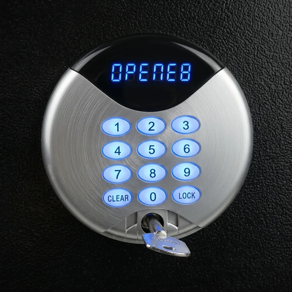 Heavy-Gauge Top-Opening Safe with Pneumatic Lid [1032] — SFB-1032 — A top-opening hotel safe in arc-welded heavy-gauge steel with a 1.5mm body, reinforced 4mm door and an 18mm steel bolt. A backlit LED keypad takes a 3 to 6 digit guest code with master-code and key override, plus a 5-minute lockout after wrong attempts. The pneumatic lid and pre-drilled mounting holes make it easy to use, powered by 4 AA batteries, in black or orange. (image 2)