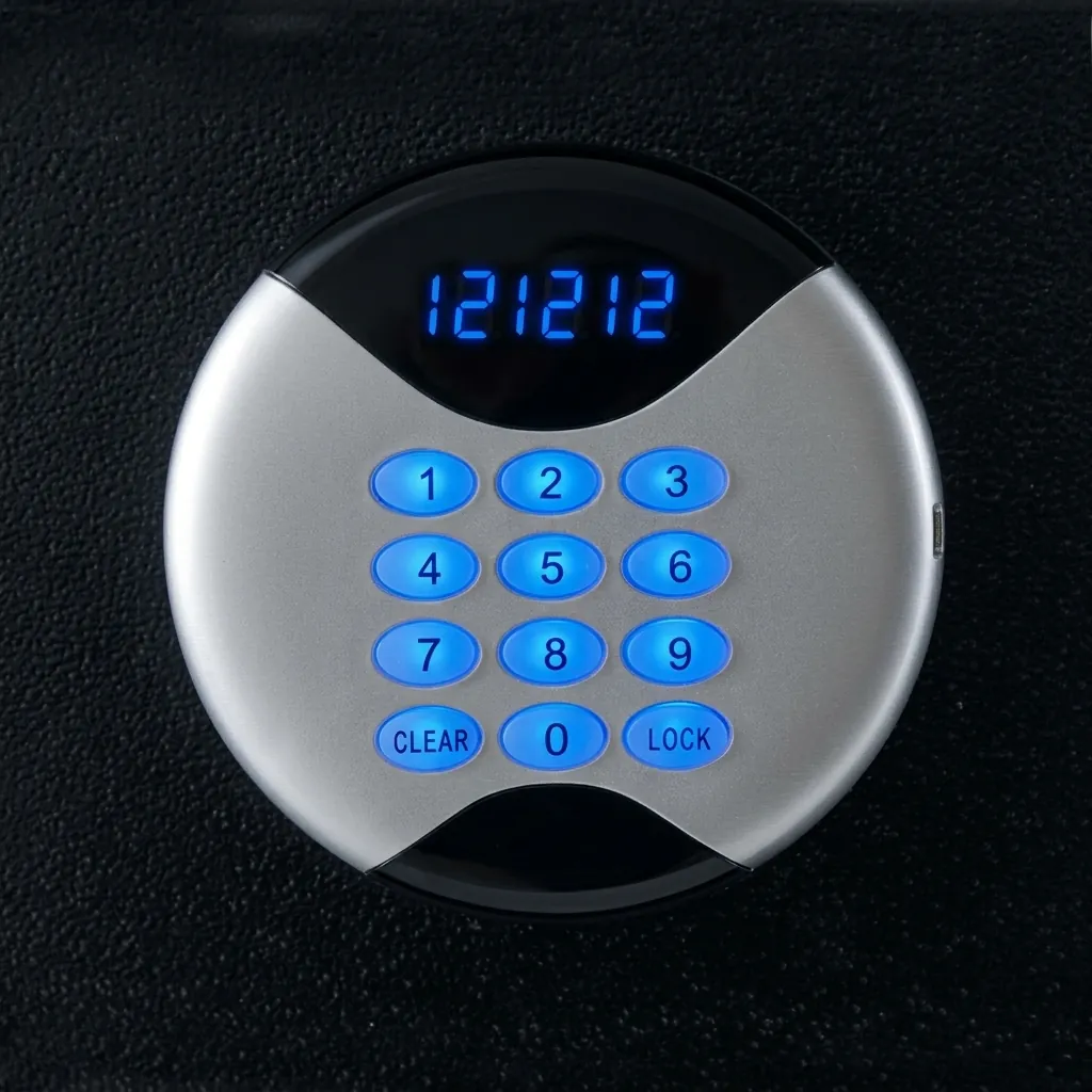 Heavy-Gauge Top-Opening Safe with Pneumatic Lid [1032] — SFB-1032 — A top-opening hotel safe in arc-welded heavy-gauge steel with a 1.5mm body, reinforced 4mm door and an 18mm steel bolt. A backlit LED keypad takes a 3 to 6 digit guest code with master-code and key override, plus a 5-minute lockout after wrong attempts. The pneumatic lid and pre-drilled mounting holes make it easy to use, powered by 4 AA batteries, in black or orange. (image 3)