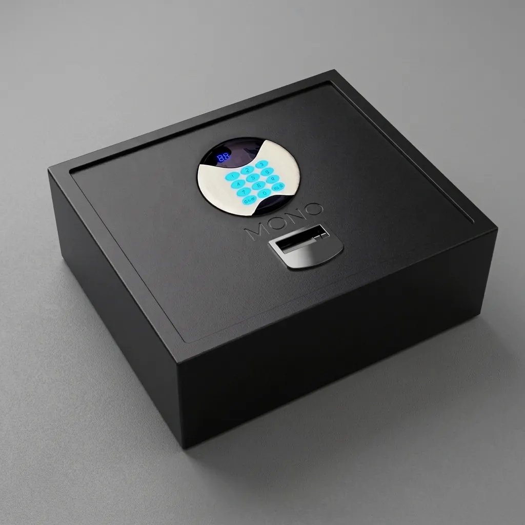 Heavy-Gauge Top-Opening Safe with Pneumatic Lid [1032] — SFB-1032 — A top-opening hotel safe in arc-welded heavy-gauge steel with a 1.5mm body, reinforced 4mm door and an 18mm steel bolt. A backlit LED keypad takes a 3 to 6 digit guest code with master-code and key override, plus a 5-minute lockout after wrong attempts. The pneumatic lid and pre-drilled mounting holes make it easy to use, powered by 4 AA batteries, in black or orange. (image 1)