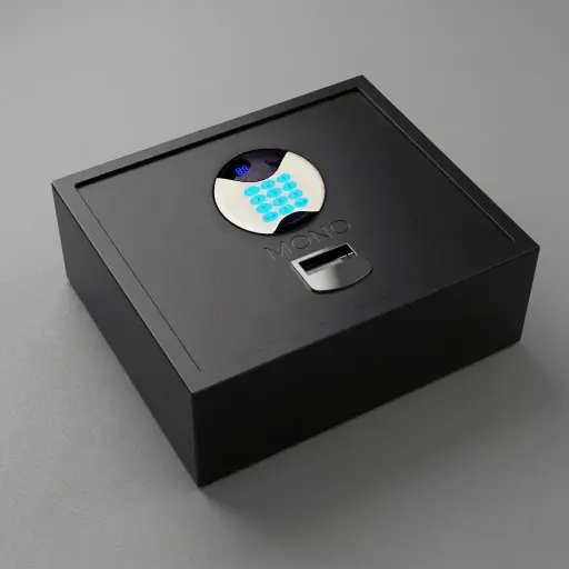 Heavy-Gauge Top-Opening Safe with Pneumatic Lid [1032] — SFB-1032 — A top-opening hotel safe in arc-welded heavy-gauge steel with a 1.5mm body, reinforced 4mm door and an 18mm steel bolt. A backlit LED keypad takes a 3 to 6 digit guest code with master-code and key override, plus a 5-minute lockout after wrong attempts. The pneumatic lid and pre-drilled mounting holes make it easy to use, powered by 4 AA batteries, in black or orange.