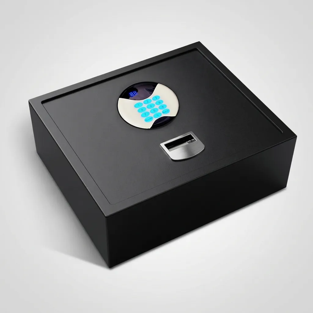 Heavy-Gauge Top-Opening Safe with Pneumatic Lid [1032] — SFB-1032 — A top-opening hotel safe in arc-welded heavy-gauge steel with a 1.5mm body, reinforced 4mm door and an 18mm steel bolt. A backlit LED keypad takes a 3 to 6 digit guest code with master-code and key override, plus a 5-minute lockout after wrong attempts. The pneumatic lid and pre-drilled mounting holes make it easy to use, powered by 4 AA batteries, in black or orange. (image 4)