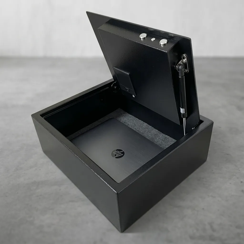 Heavy-Gauge Top-Opening Safe with Pneumatic Lid [1032] — SFB-1032 — A top-opening hotel safe in arc-welded heavy-gauge steel with a 1.5mm body, reinforced 4mm door and an 18mm steel bolt. A backlit LED keypad takes a 3 to 6 digit guest code with master-code and key override, plus a 5-minute lockout after wrong attempts. The pneumatic lid and pre-drilled mounting holes make it easy to use, powered by 4 AA batteries, in black or orange. (image 5)