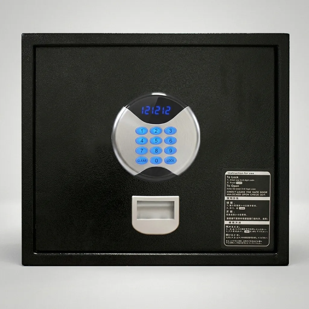 Heavy-Gauge Top-Opening Safe with Pneumatic Lid [1032] — SFB-1032 — A top-opening hotel safe in arc-welded heavy-gauge steel with a 1.5mm body, reinforced 4mm door and an 18mm steel bolt. A backlit LED keypad takes a 3 to 6 digit guest code with master-code and key override, plus a 5-minute lockout after wrong attempts. The pneumatic lid and pre-drilled mounting holes make it easy to use, powered by 4 AA batteries, in black or orange. (image 6)