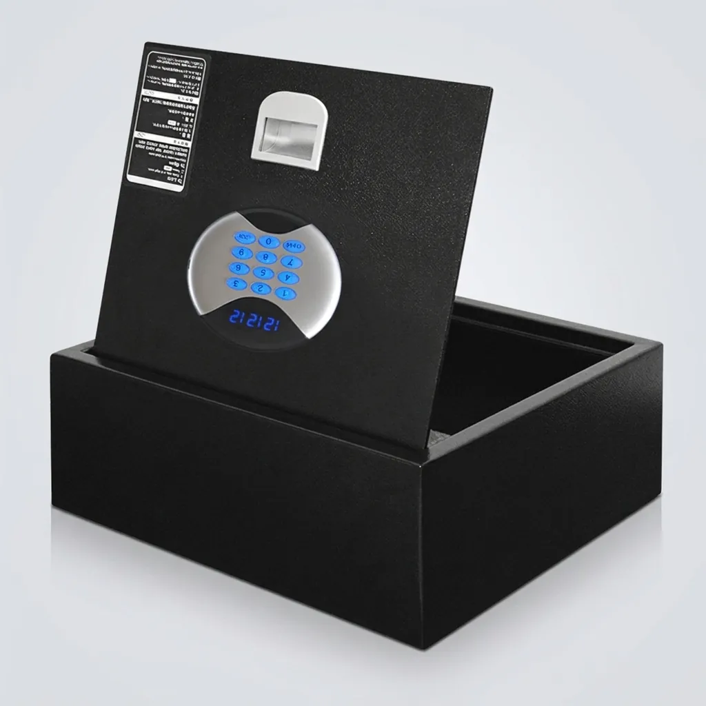 Heavy-Gauge Top-Opening Safe with Pneumatic Lid [1032] — SFB-1032 — A top-opening hotel safe in arc-welded heavy-gauge steel with a 1.5mm body, reinforced 4mm door and an 18mm steel bolt. A backlit LED keypad takes a 3 to 6 digit guest code with master-code and key override, plus a 5-minute lockout after wrong attempts. The pneumatic lid and pre-drilled mounting holes make it easy to use, powered by 4 AA batteries, in black or orange. (image 7)