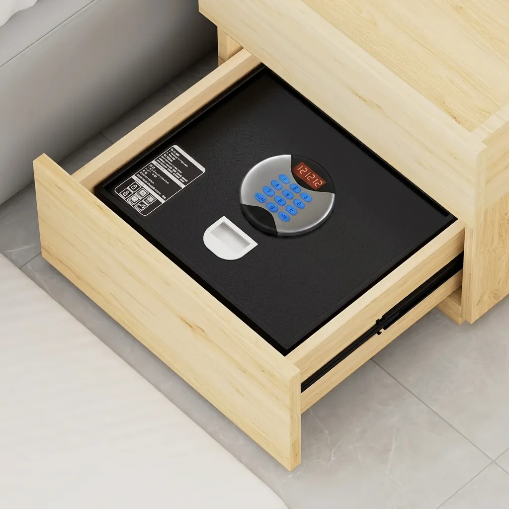 Heavy-Gauge Top-Opening Safe with Pneumatic Lid [1032] — SFB-1032 — A top-opening hotel safe in arc-welded heavy-gauge steel with a 1.5mm body, reinforced 4mm door and an 18mm steel bolt. A backlit LED keypad takes a 3 to 6 digit guest code with master-code and key override, plus a 5-minute lockout after wrong attempts. The pneumatic lid and pre-drilled mounting holes make it easy to use, powered by 4 AA batteries, in black or orange. (image 8)