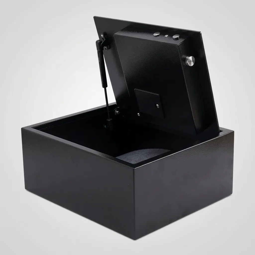 Heavy-Gauge Top-Opening Safe with Pneumatic Lid [1033] — SFB-1033 — A top-opening hotel safe in arc-welded heavy-gauge steel with an 18mm solid steel bolt and a reinforced 4mm door. A backlit LED keypad takes a 3-6 digit code with key override, plus a pneumatic lid and backup power supply. In black or orange. (image 2)