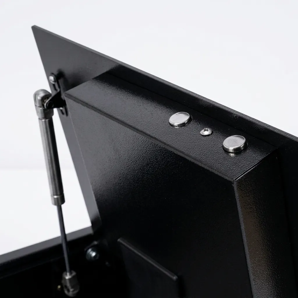 Heavy-Gauge Top-Opening Safe with Pneumatic Lid [1033] — SFB-1033 — A top-opening hotel safe in arc-welded heavy-gauge steel with an 18mm solid steel bolt and a reinforced 4mm door. A backlit LED keypad takes a 3-6 digit code with key override, plus a pneumatic lid and backup power supply. In black or orange. (image 3)