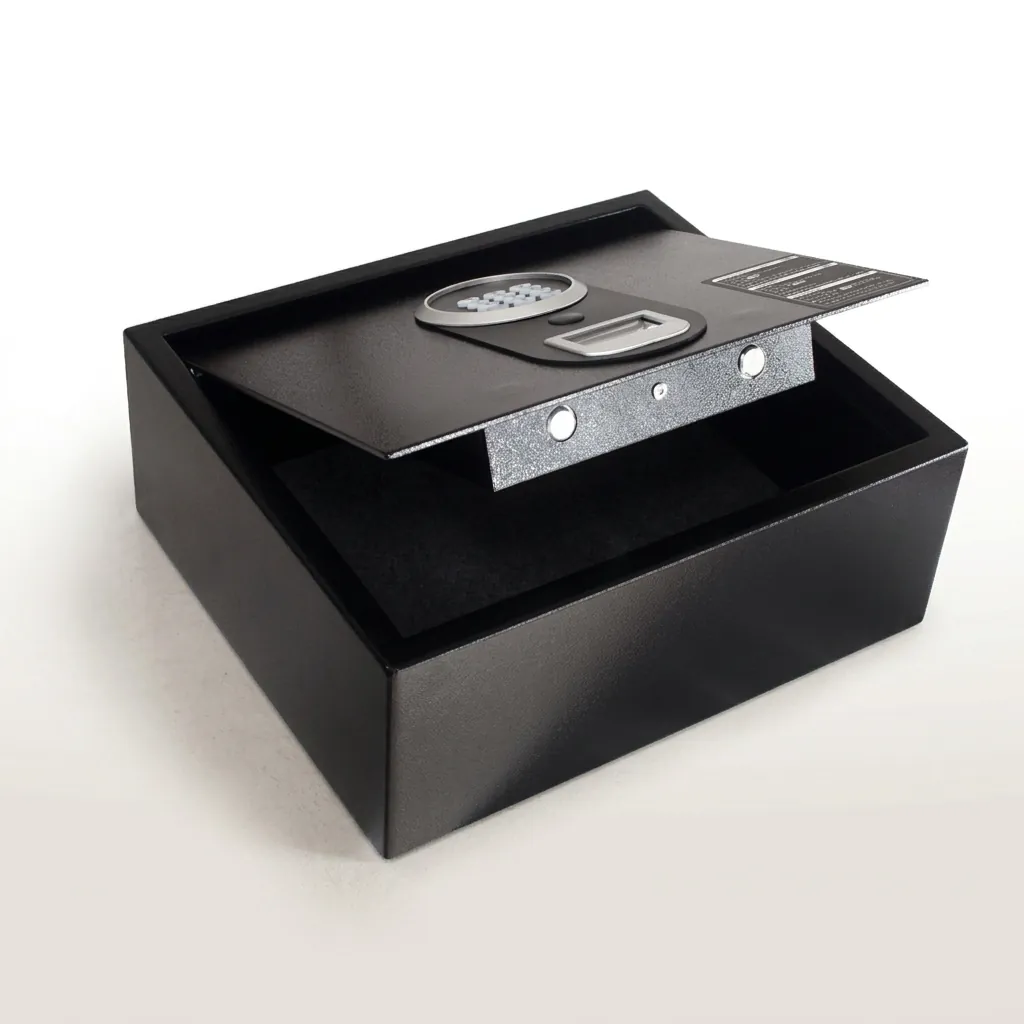 Heavy-Gauge Top-Opening Safe with Pneumatic Lid [1033] — SFB-1033 — A top-opening hotel safe in arc-welded heavy-gauge steel with an 18mm solid steel bolt and a reinforced 4mm door. A backlit LED keypad takes a 3-6 digit code with key override, plus a pneumatic lid and backup power supply. In black or orange. (image 4)