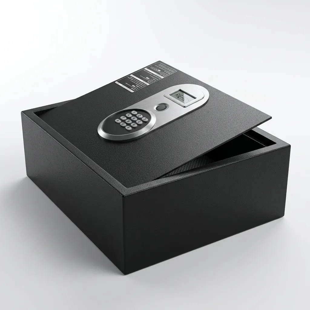 Heavy-Gauge Top-Opening Safe with Pneumatic Lid [1033] — SFB-1033 — A top-opening hotel safe in arc-welded heavy-gauge steel with an 18mm solid steel bolt and a reinforced 4mm door. A backlit LED keypad takes a 3-6 digit code with key override, plus a pneumatic lid and backup power supply. In black or orange. (image 5)