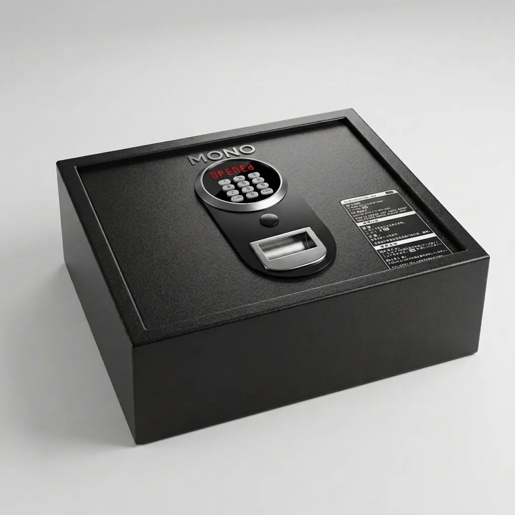 Heavy-Gauge Top-Opening Safe with Pneumatic Lid [1033] — SFB-1033 — A top-opening hotel safe in arc-welded heavy-gauge steel with an 18mm solid steel bolt and a reinforced 4mm door. A backlit LED keypad takes a 3-6 digit code with key override, plus a pneumatic lid and backup power supply. In black or orange. (image 1)
