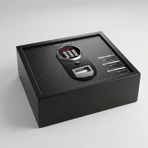 Heavy-Gauge Top-Opening Safe with Pneumatic Lid [1033] — SFB-1033 — A top-opening hotel safe in arc-welded heavy-gauge steel with a 1.5mm body, reinforced 4mm door and an 18mm solid steel bolt. A backlit LED keypad takes a 3 to 6 digit guest code with master-code and key override, plus a 5-minute lockout after three wrong tries. The pneumatic lid eases access, powered by 4 AA batteries, in black or orange.