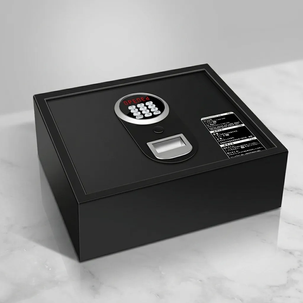 Heavy-Gauge Top-Opening Safe with Pneumatic Lid [1033] — SFB-1033 — A top-opening hotel safe in arc-welded heavy-gauge steel with an 18mm solid steel bolt and a reinforced 4mm door. A backlit LED keypad takes a 3-6 digit code with key override, plus a pneumatic lid and backup power supply. In black or orange. (image 7)